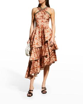 推荐Signy Abstract Printed Tiered Crisscross Midi Dress商品