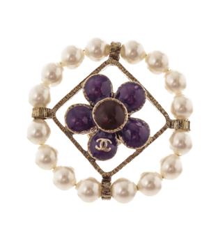 商品Chanel Gold-tone Purple Stones and Pearls CC Brooch图片