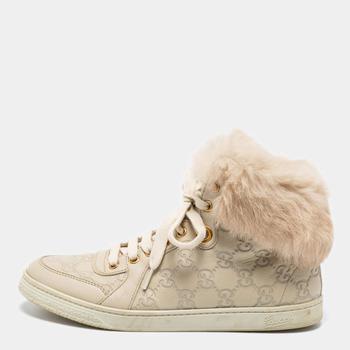 古驰高帮鞋, [二手商品] Gucci | Gucci Off White Guccissima Leather And Cada Fur Trim High Top Sneakers Size 37商品图片 满1件减$100, 满减