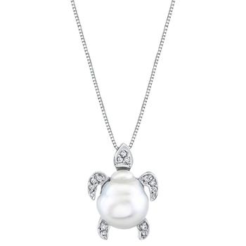 商品Cultured White South Sea Baroque Pearl (11mm) & Diamond (1/10 ct. t.w.) Turtle 18" Pendant Necklace in Sterling Silver图片