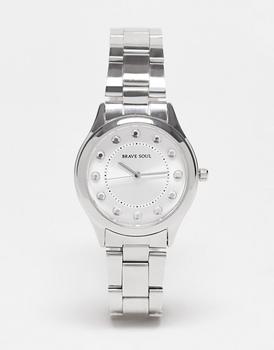 推荐Brave Soul chunky bracelet watch with diamante face detail in silver商品