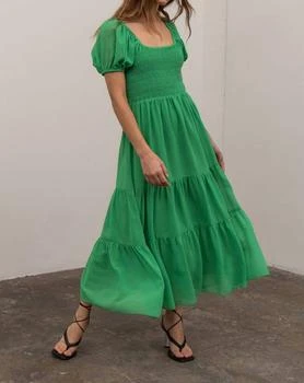 推荐Puff Sleeve Smocked Midi Dress In Green商品