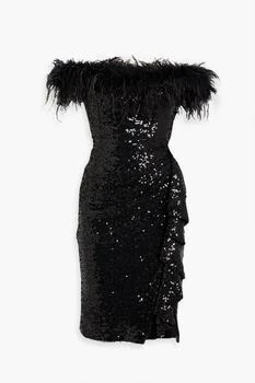 Badgley Mischka | Off-the-shoulder feather-embellished sequined tulle dress 5折×额外8折x额外9.5折, 额外八折, 额外九五折