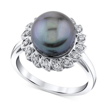 商品Cultured Tahitian Pearl (10mm) and Diamond (1/8 ct. t.w) Ring in 10k White Gold图片