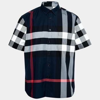 burberry短袖, [二手商品] Burberry | Burberry Navy Blue Checked Cotton Short Sleeve Shirt XXL商品图片 5.9折