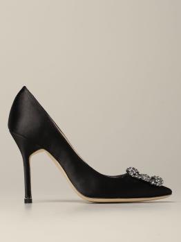 Manolo Blahnik | MANOLO BLAHNIK 女士黑色缎面饰有水晶方扣尖头高跟鞋 9XX-0664-0033-BLACK商品图片,满$100享9.5折, 满折