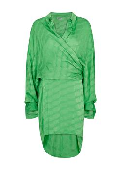 巴黎世家衬衫怎么样, Balenciaga | Green logo-jacquard crinkled satin wrap dress商品图片 
