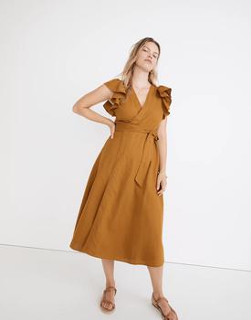 推荐Linen-Blend Ruffle-Sleeve Wrap Midi Dress商品