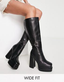 推荐RAID Wide Fit Granger heeled platform knee boots in black商品