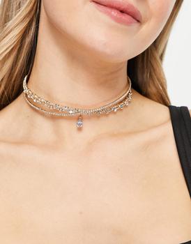 ASOS | ASOS DESIGN choker necklace with crystal cross over design and crystal pendant in gold tone商品图片,