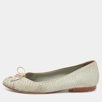 香奈儿鞋, [二手商品] Chanel | Chanel Pale Green Python Leather CC Bow Cap Toe Ballet Flats Size 37商品图片 8.2折, 满1件减$100, 满减