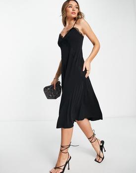 商品Mango midi slip dress with lace trim in black图片