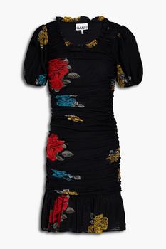 ganni floral pleated shirtdress, Ganni | Ruched floral-print stretch-mesh mini dress商品图片 4.4折