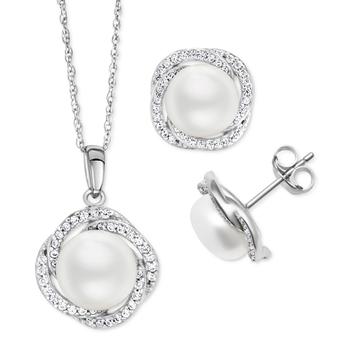 商品2-Pc. Set Cultured Freshwater Pearl (9mm) & White Zircon (1-1/5 ct. t.w.) Pendant Necklace & Matching Stud Earrings in Sterling Silver,商家Macy's,价格¥897图片