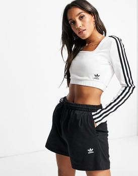 Adidas | adidas Originals adicolor three stripe long sleeve crop top in white with square neck商品图片 5折