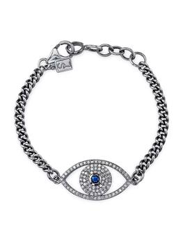 商品Sterling Silver, Blue Sapphire & 0.96 TCW Diamond Evil Eye Chain Bracelet图片