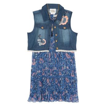商品Big Girls Pleated Floral Chiffon Dress and Denim Vest, 2 Piece Set图片