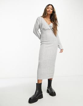 ASOS DESIGN wrap front midi super soft rib dress with long sleeve in grey product img
