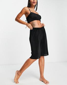 Topshop | Topshop plisse top and short loungewear in black商品图片,4折×额外9.5折, 额外九五折