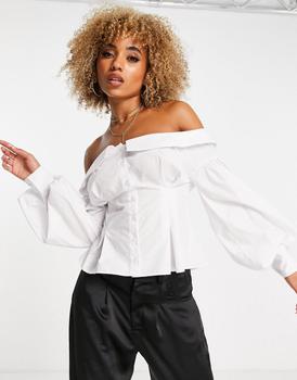 ASOS | ASOS DESIGN off shoulder shirt with volume sleeves in ivory商品图片,