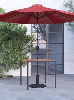 商品Merrick Lane | 35" Square Faux Teak Outdoor Dining Table with Powder Coated Steel Frame, 9' Red Adjustable Umbrella and Base,商家Verishop,价格¥3127图片