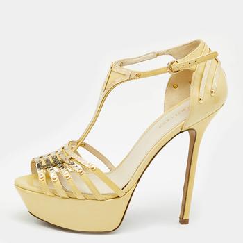 推荐Sergio Rossi Cream Patent Leather Embellished Strappy Platform Sandals Size 36.5商品