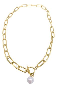 商品8mm Cultured Pearl Charm Paperclip Chain Toggle Necklace图片