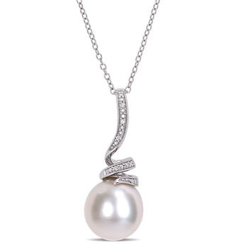 商品Amour | 11 - 12 Mm Freshwater Cultured Pearl and Diamond Accent Swirl Drop Pendant with Chain In Sterling Silver,商家Jomashop,价格¥600图片