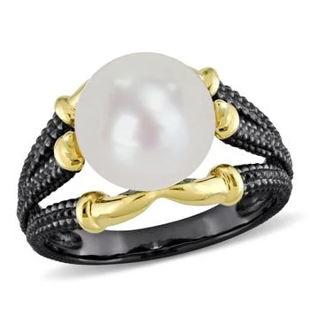Mimi & Max | Mimi & Max 10.5-11mm White Cultured Freshwater Pearl on Two-Tone Split Shank Ring in Yellow and Black Rhodium Plated Sterling Silver,商家Premium Outlets,价格¥417