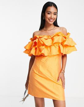 VERO MODA怎么样, VERO MODA | Vero Moda mini dress with off the shoulder exaggerated frill detail in orange商品图片 