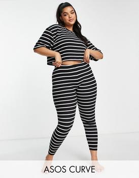 ASOS | ASOS DESIGN Curve rib stripe tee & legging pyjama set in black & white商品图片,8.5折, 独家减免邮费