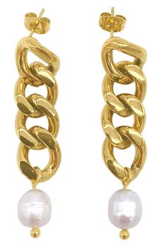 推荐Curb Chain & 10mm Freshwater Pearl Dangle Earrings商品