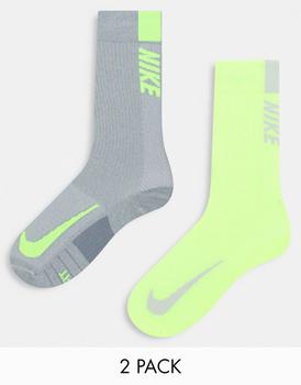 NIKE | Nike Running Multiplier unisex 2 pack socks in grey and volt商品图片,