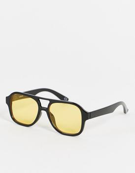 ASOS | ASOS DESIGN 70's Aviator sunglasses in black frame with yellow lens - BLACK商品图片,7.6折×额外9.5折, 额外九五折