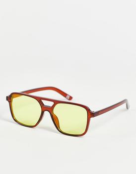 ASOS | ASOS DESIGN aviator sunglasses in crystal brown with yellow lens商品图片,7.4折