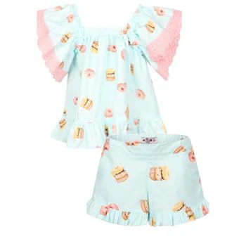 推荐Donut print ruffled dress tunic with lace detailing and shorts with side pockets in light blue商品