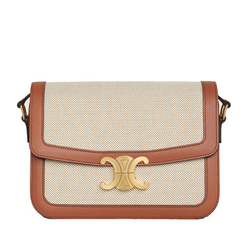 celine triomphe价格, Celine | 【包税】CELINE/赛琳 20TRIOMPHE系列 中号棕色皮革拼米色帆布单肩斜挎包 191242BGI.04LV商品图片 额外9.5折, 包邮包税, 额外九五折