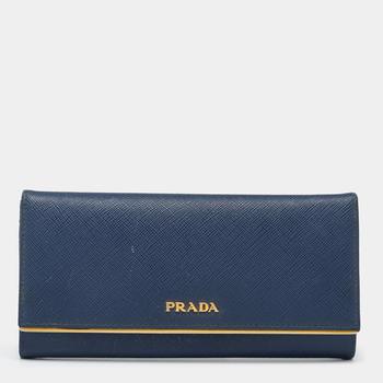推荐Prada Blue Saffiano Metal Frame Leather Flap Continental Wallet商品