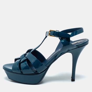 Yves Saint Laurent | Yves Saint Laurent Navy Blue Patent Leather Tribute Platform Sandals Size 37商品图片,3.8折