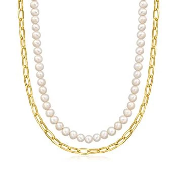 Ross-Simons | Ross-Simons 6-6.5mm Cultured Pearl and 18kt Gold Over Sterling Paper Clip Link Layered Necklace,商家Premium Outlets,价格¥2450