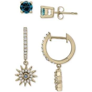 Macy's | 2-Pc. Set London Blue Topaz (1/3 ct. t.w.) & Lab-grown White Sapphire (3/8 ct. t.w.) Stud and Dangle Hoop Earrings in 14k Gold-Plated Sterling Silver,商家Macy's,价格¥993