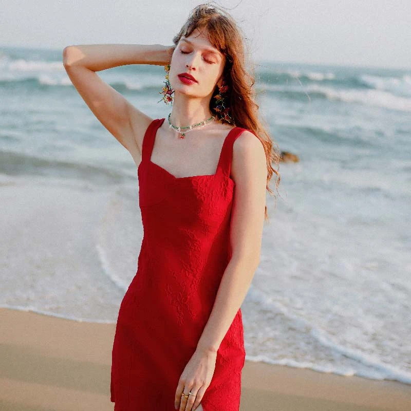推荐Tanya红色立体抽象印花吊带连衣裙 | Tanya Dress - Rose Red商品