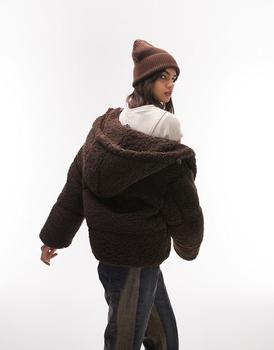 Topshop | Topshop borg hooded puffer jacket in chocolate商品图片,7折×额外9.5折, 额外九五折