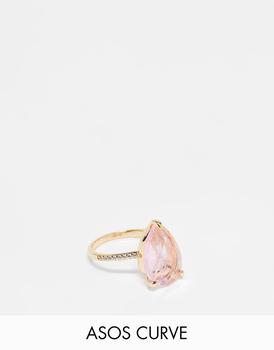 ASOS | ASOS DESIGN Curve ring with teardrop pink crystal in gold tone商品图片,