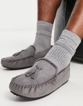 ASOS | ASOS DESIGN moccasin slippers in grey with faux fur lining商品图片,
