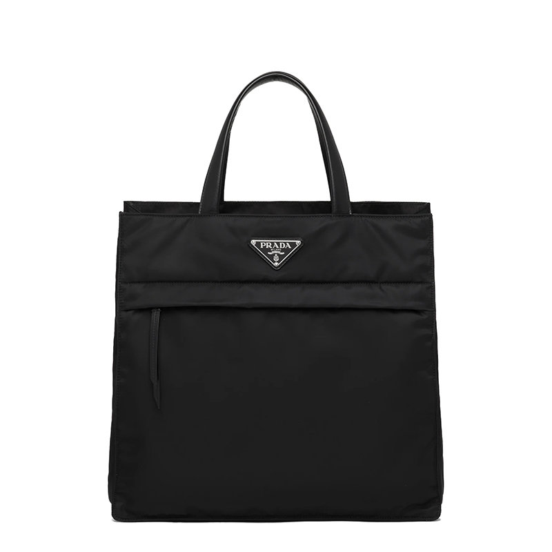 Prada | 【预售3-7天】PRADA/普拉达 21年秋冬 男士黑色再生尼龙皮革细节扁平皮革提手金属徽标手提斜跨单肩托特包2VG076_RDLN_F0002_V_OOO商品图片,8折, 包邮包税