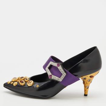 [二手商品] Prada | Prada Black/Purple Leather And Satin Jeweled Mary Jane Pointed Toe Pumps Size 39商品图片,2.2折