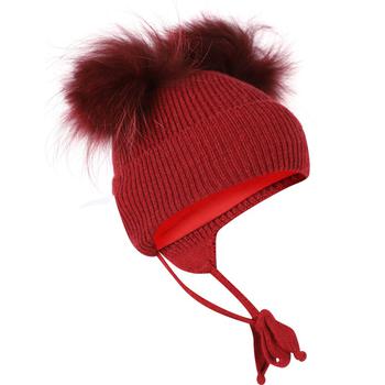 推荐Ribbed baby beanie hat with pompom detailing in burdundy商品
