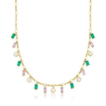 Ross-Simons | Ross-Simons 4-4.5mm Cultured Pearl, Amethyst and Green Chalcedony Drop Necklace in 18kt Gold Over Sterling,商家Premium Outlets,价格¥812