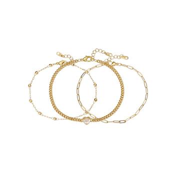 Unwritten | 14K Gold Flash Plated Brass Cubic Zirconia Heart Chain Bracelet Trio with Extenders Set, 3 Piece商品图片,